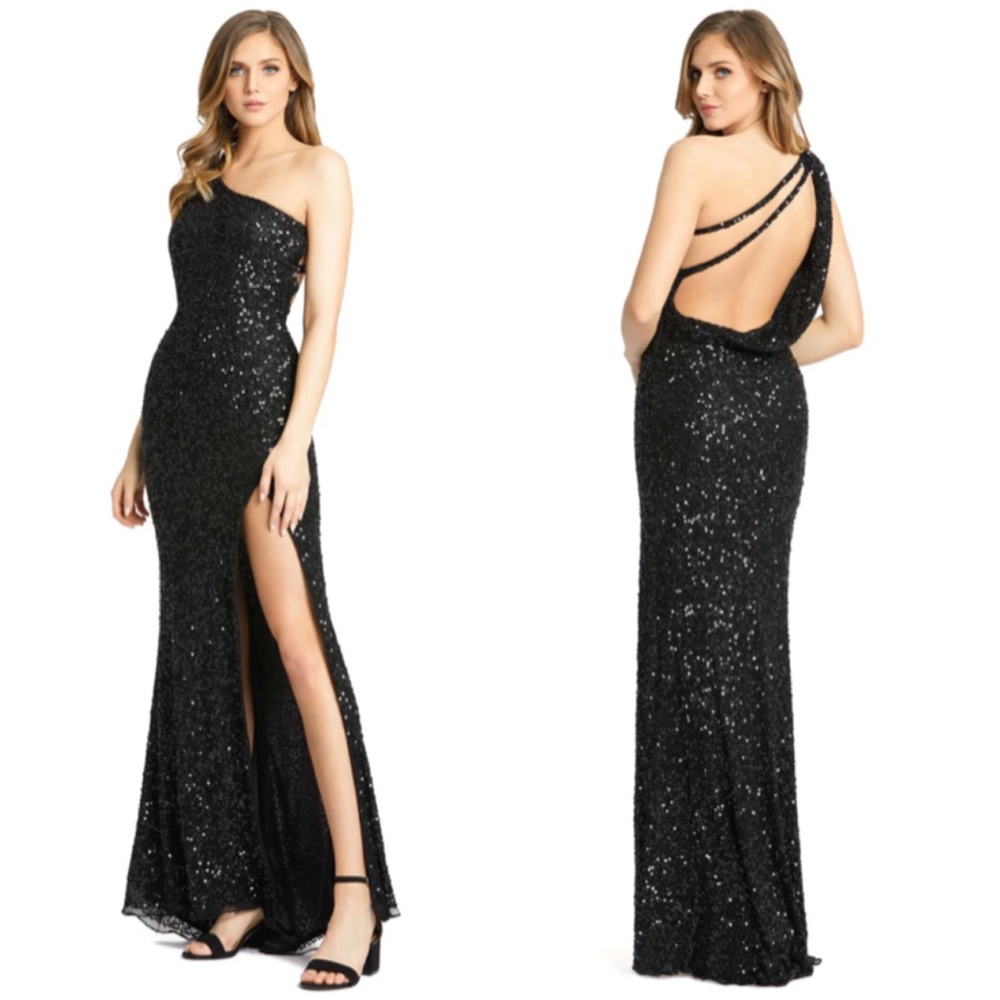 Mac Duggal One Shoulder Sequined Gown Maxi Dress 5059 in Black Size 6 NWT